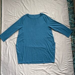 Teal Blue Minimalist Lagenlook Tunic Top With Pockets XXL